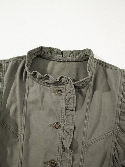 Ruffled Patchwork Denim Jacket Vest