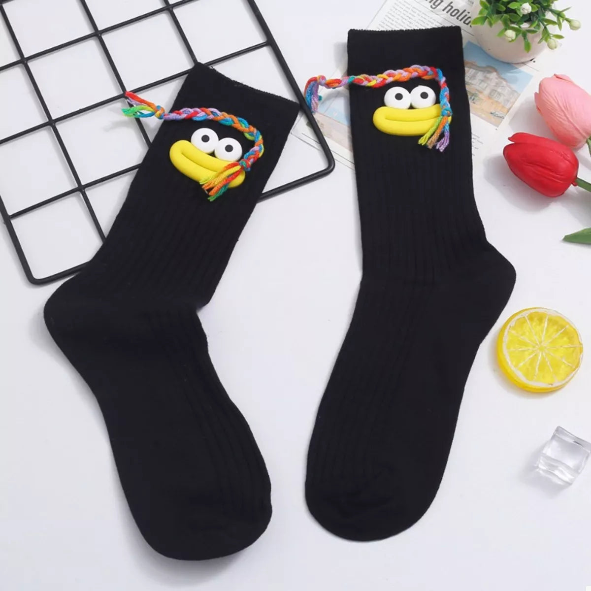 Cartoon Ribbed Knit Crew Socks Black D One Size