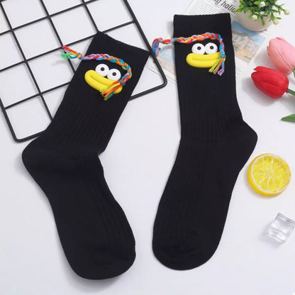 Cartoon Ribbed Knit Crew Socks Black D One Size