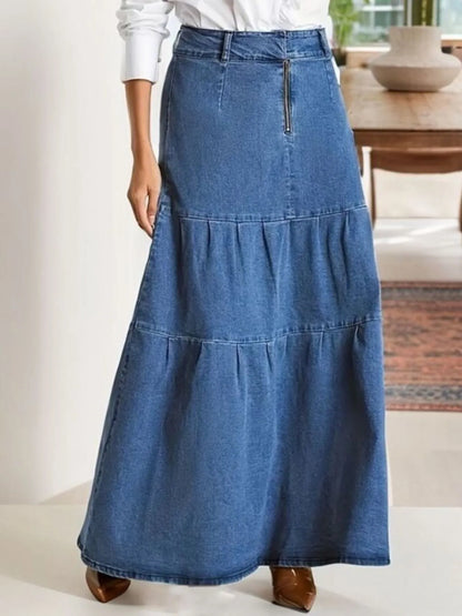 Tiered Maxi Denim Skirt with Zipper Detail Blue