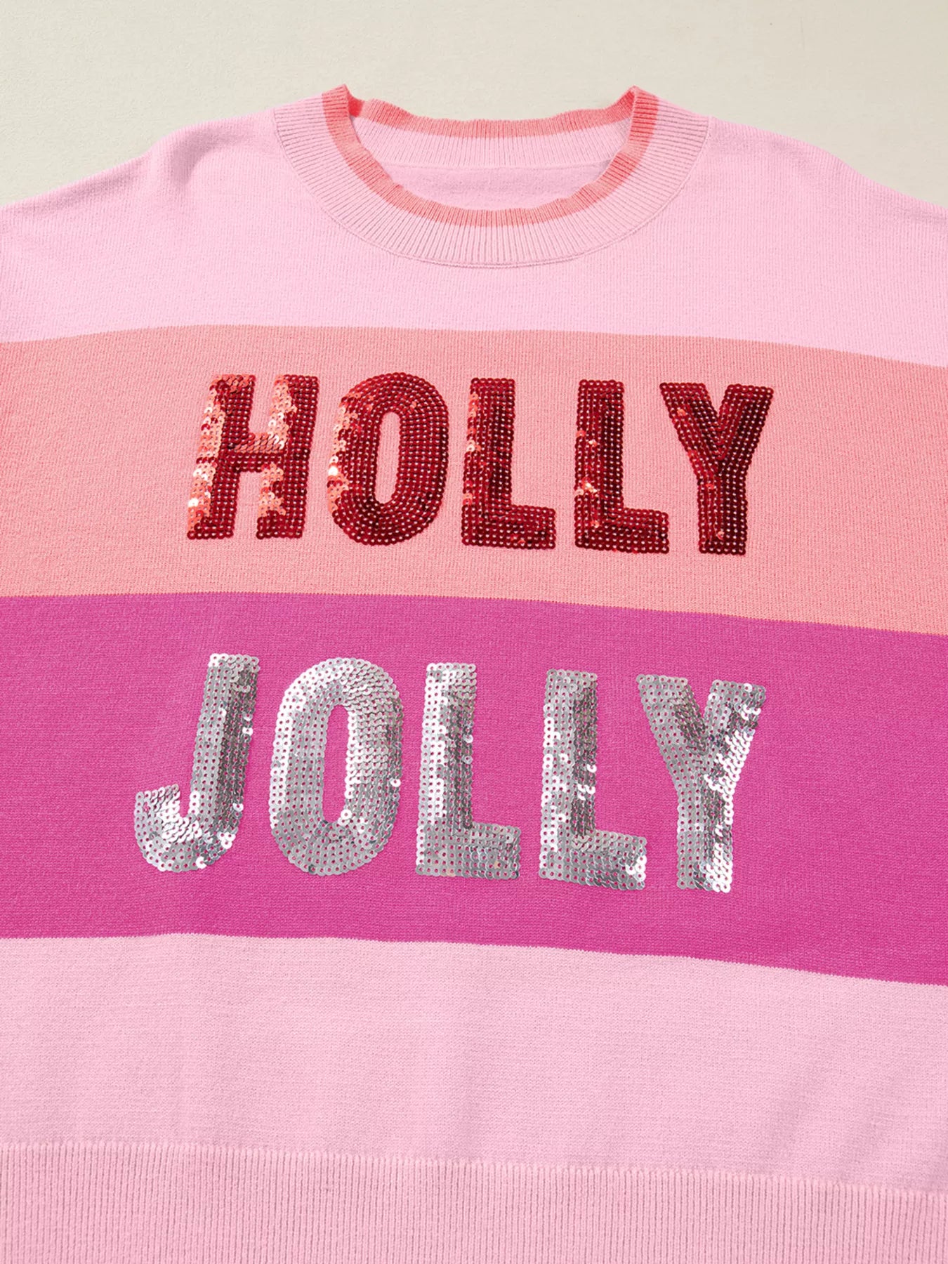 Sequined HOLLY JOLLY Color Block Crew Neck Sweater