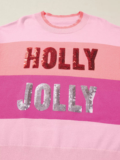 Sequined HOLLY JOLLY Color Block Crew Neck Sweater