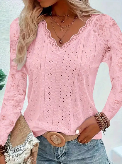 Eyelet Lace Sleeve V-Neck Blouse Pink