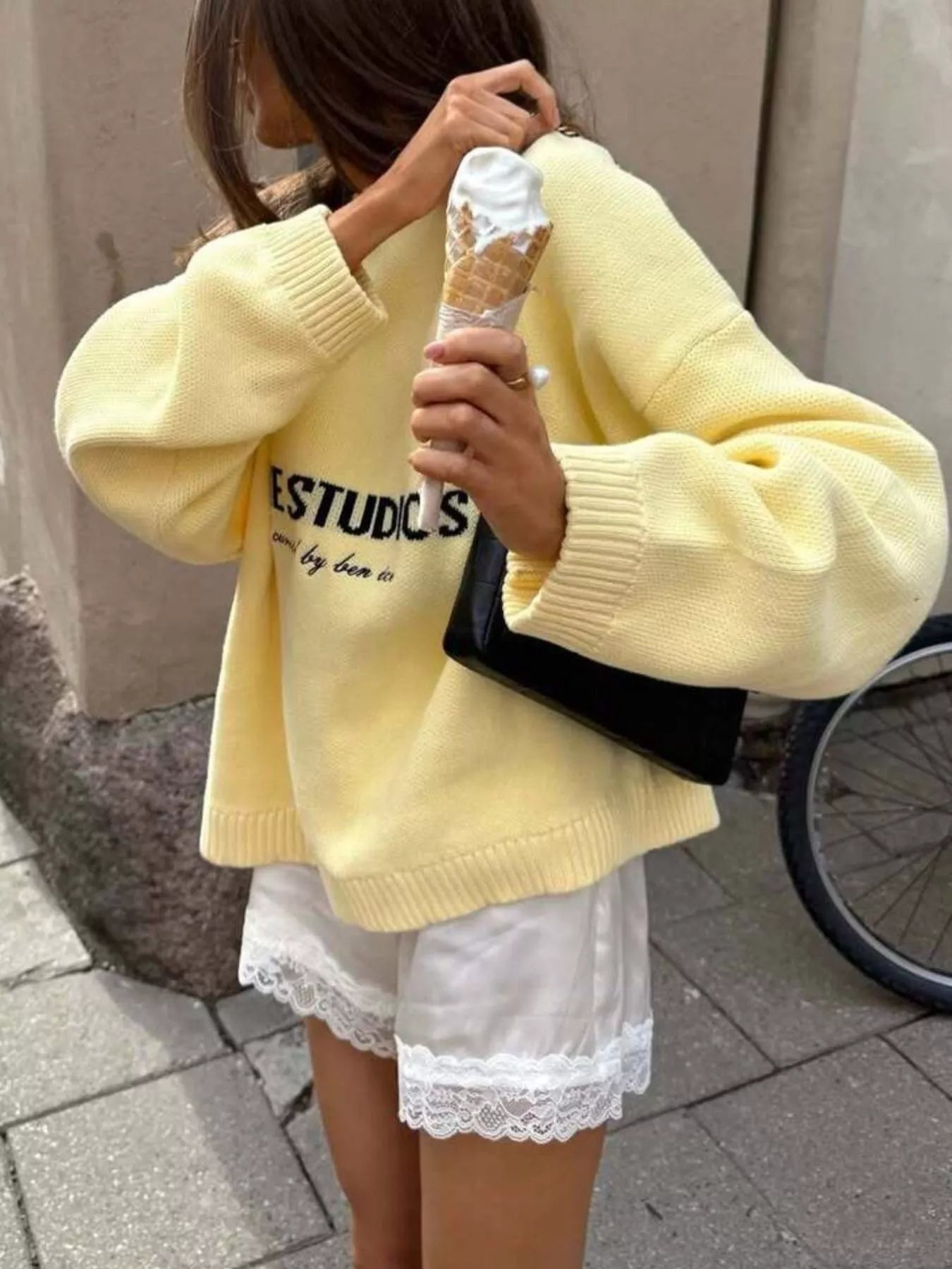 Letter Ribbed Hem Long Sleeve Sweater