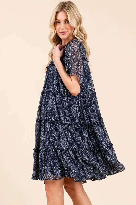 Lime 'N' Chili Ditsy Floral Print Sheer Ruffle Detail Mini Dress