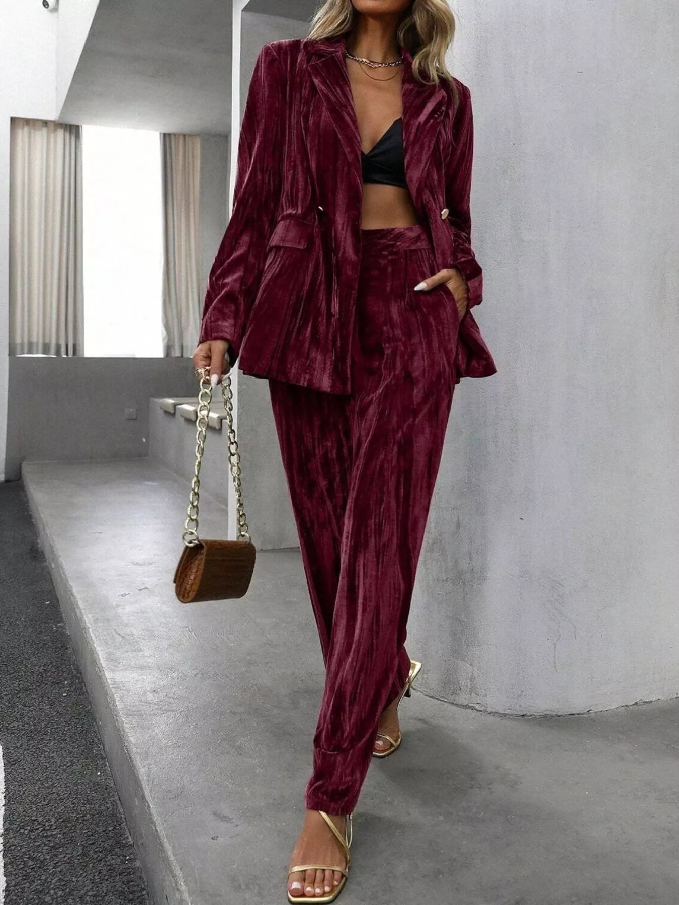 Lapel Collar Long Sleeve Blazer and Pants Set Burgundy