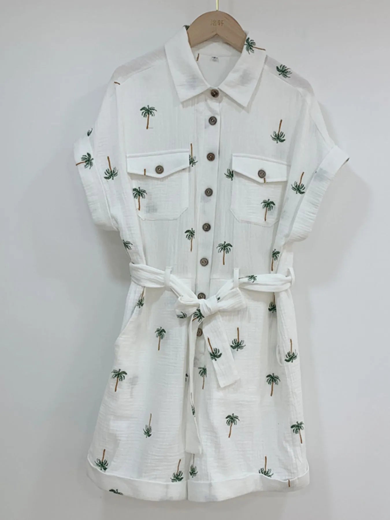 Palm Tree Print Short Sleeve Button-Up Romper with Belt