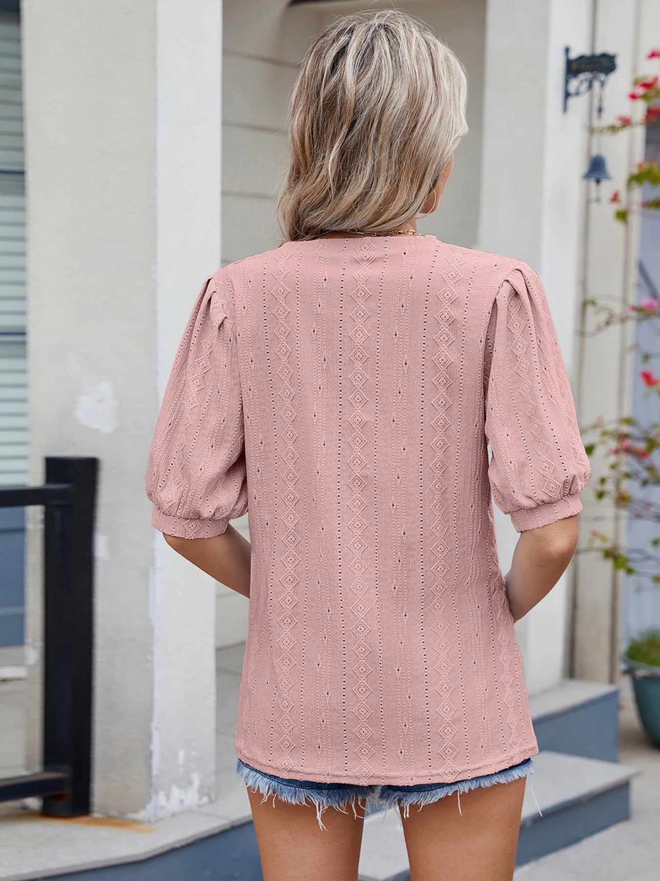 Eyelet V-Neck Puff Sleeve Casual Top