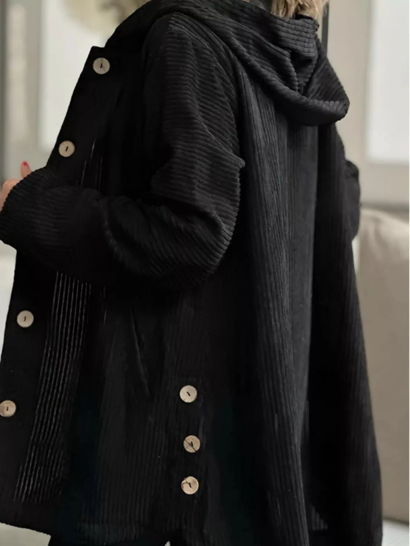 Full Size Corduroy Button Up Hooded Jacket Plus Size