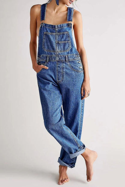 Wide Strap Square Neck Denim Overalls