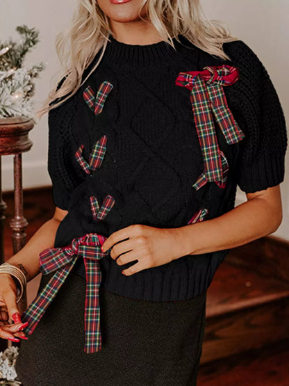 Plaid Bow Short Sleeve Sweater Black
