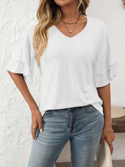 Mandy V-Neck Ruffle Half Sleeve Top White