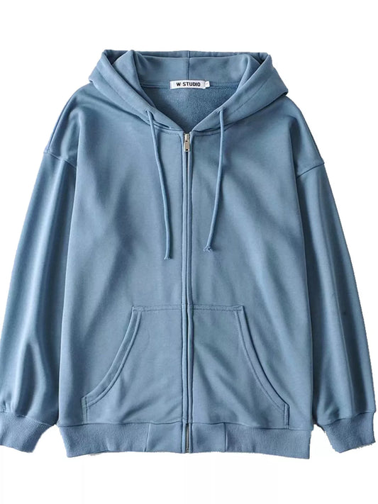 Casual Loose Zip-Up Hoodie Blue