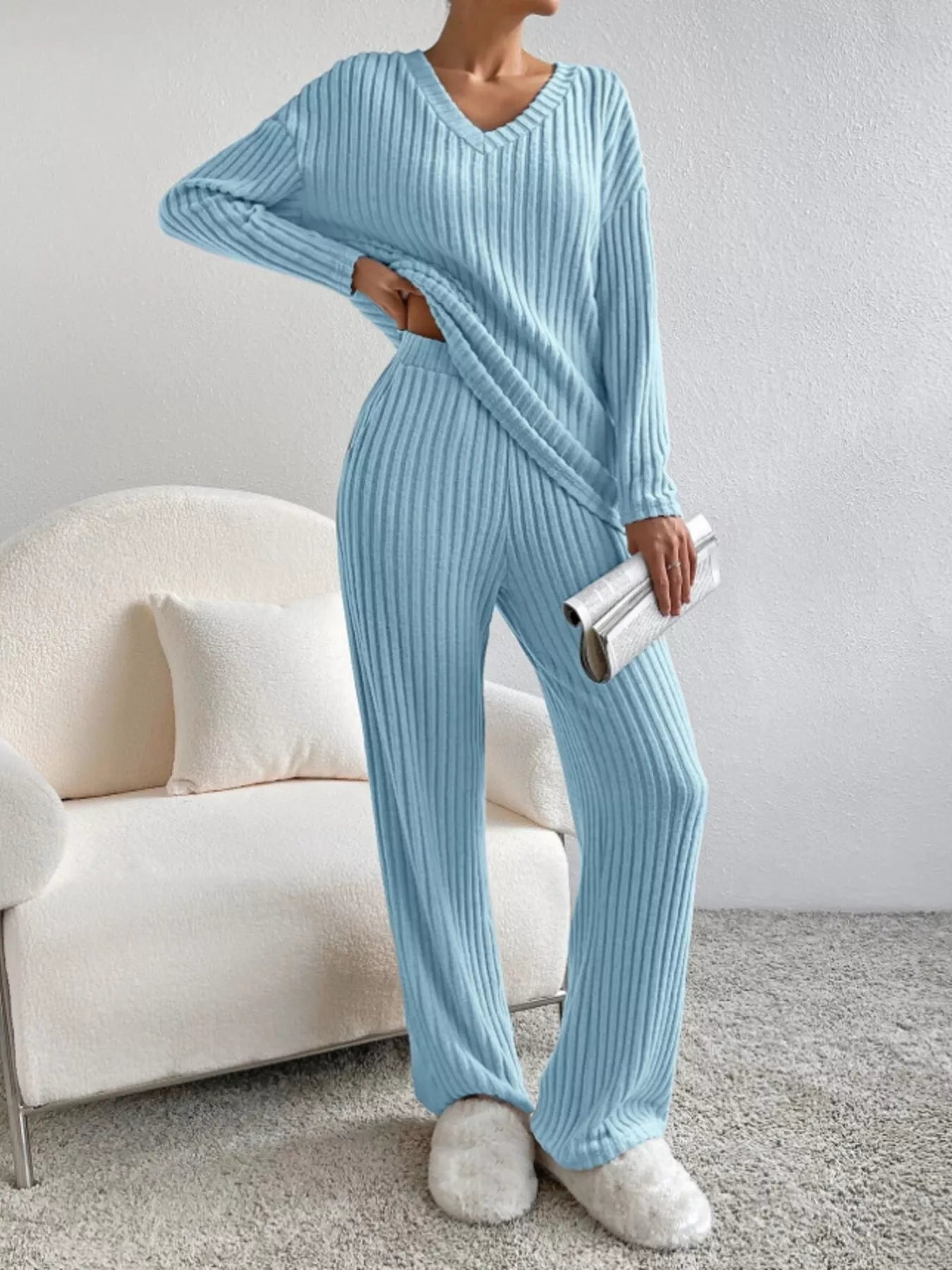 Ribbed Knit Long Sleeve Top and Pants Set