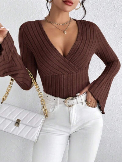 Ribbed Flare Sleeve Top Dark Brown