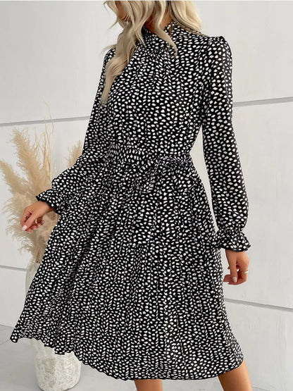 Animal Print Mock Neck Flounce Sleeve Dress