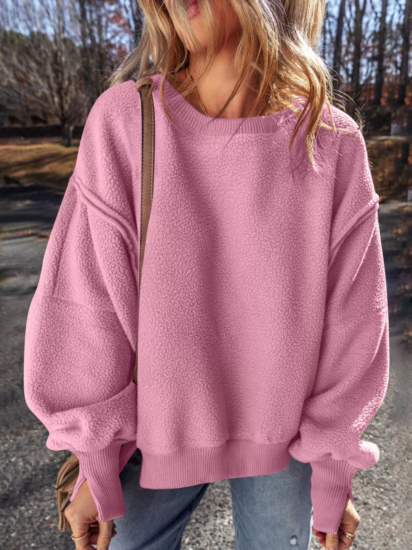 Round Neck Dropped Shoulder Sweatshirt Pink