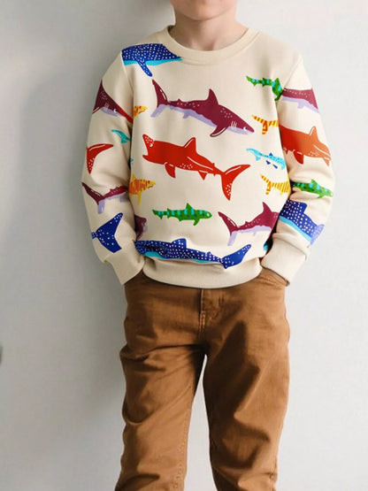 Children's Colorful Shark Print Crewneck Sweatshirt Cream