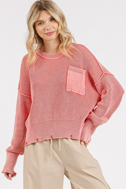 Back To School Sweater - Mittoshop Distressed Hem Round Neck Dropped Shoulder Sweater Strawberry