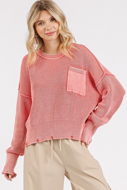 Back To School Sweater - Mittoshop Distressed Hem Round Neck Dropped Shoulder Sweater Strawberry