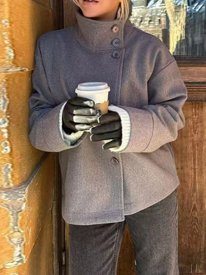 Wool Blend Long Sleeve Outerwear Gray