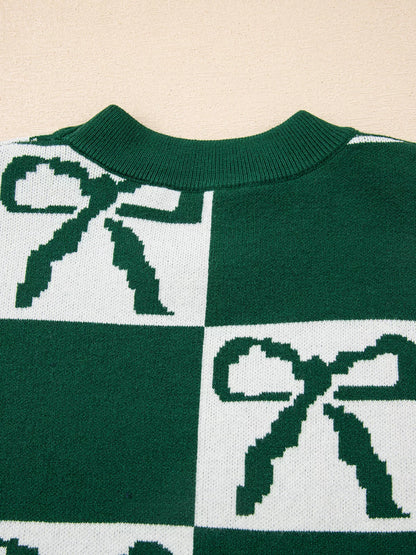 Checkered Bow Round Neck Casual Sweater