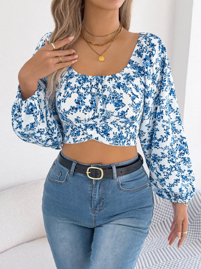 Floral Balloon Sleeve Square Neck Crop Blouse