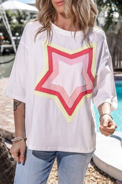 Color Block Star Patched Oversized T-Shirt White