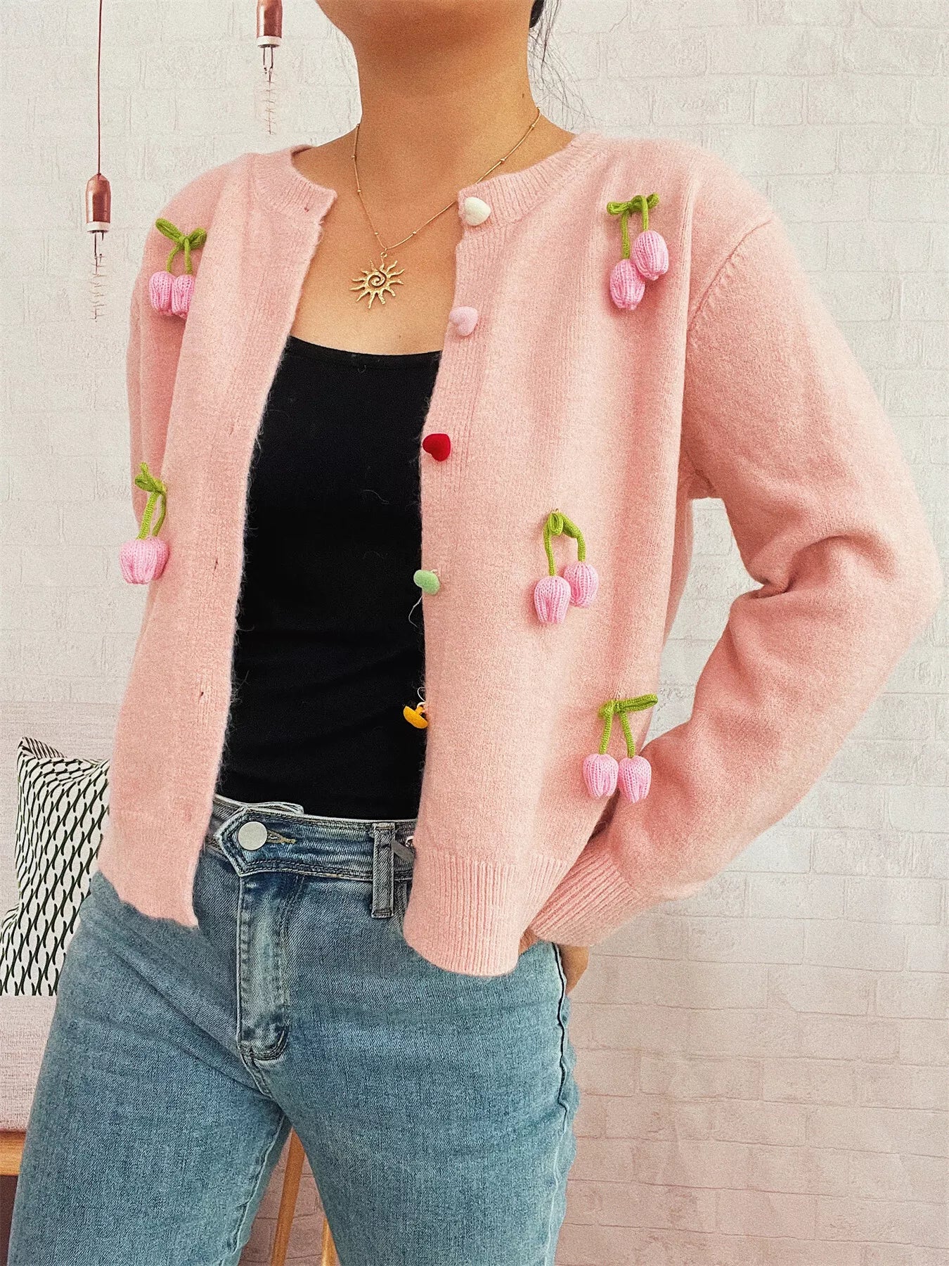 Flower Button Up Long Sleeve Cardigan Pink One Size