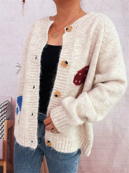 Mushroom Pattern Button-Up Cozy Knit Cardigan