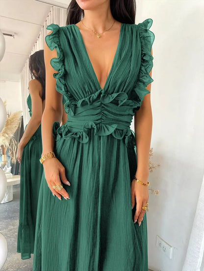 Ruffle Trim Deep V-Neck Maxi Dress Sage