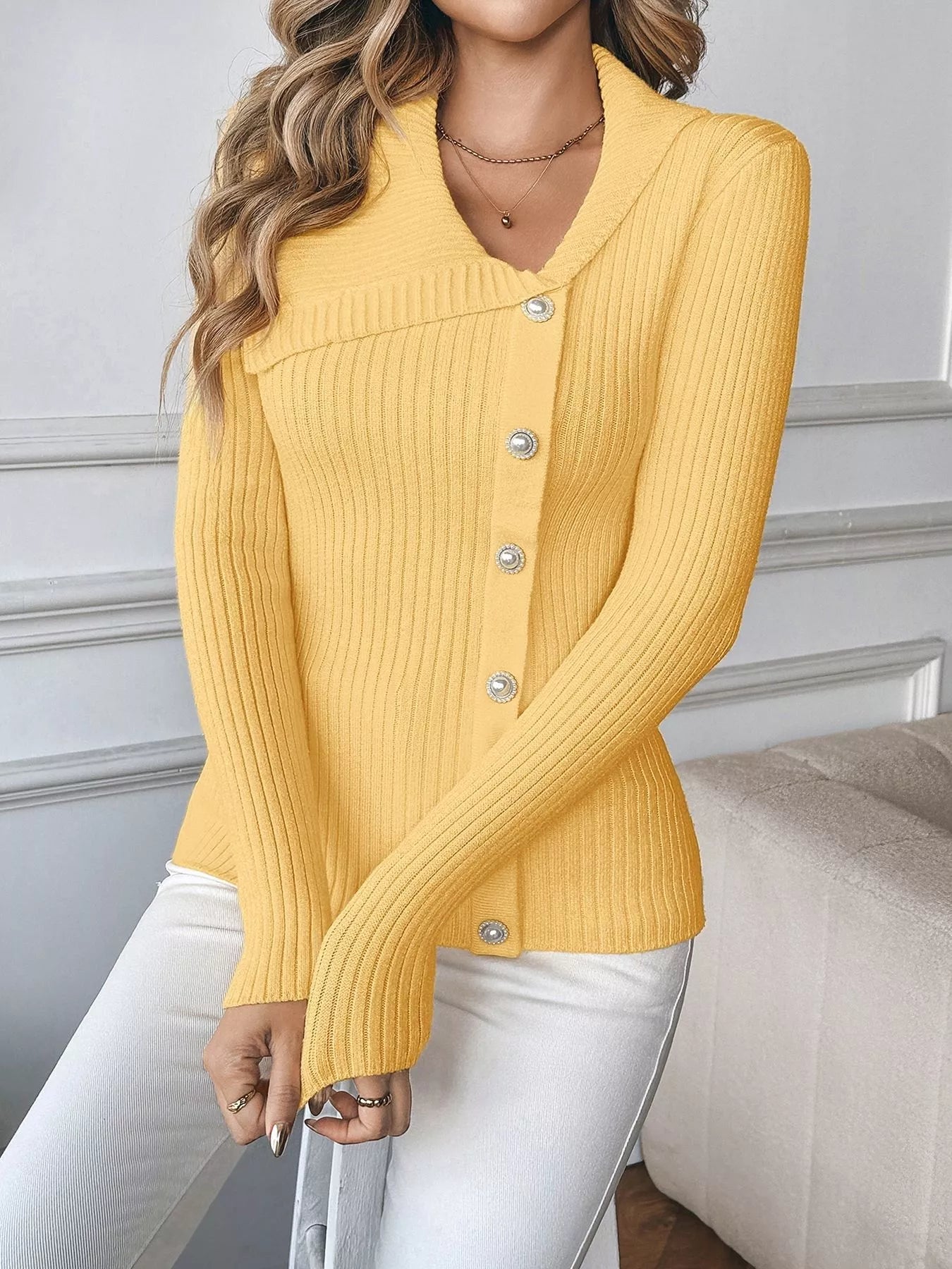 Asymmetrical Ribbed Button Up Cardigan Yellow