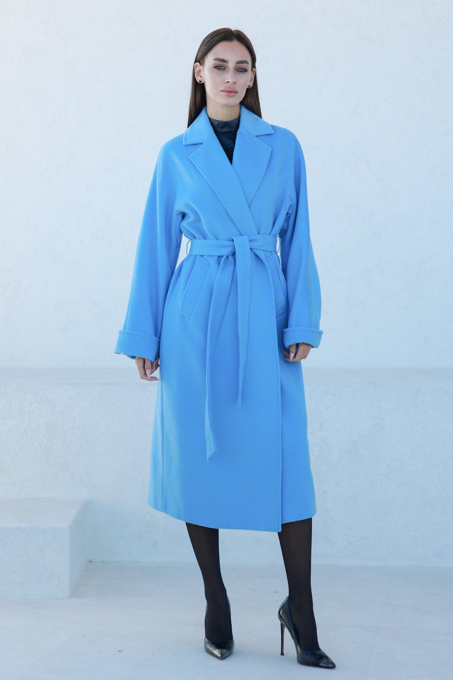 Classic Brushed Cashmere Wool Blend Overcoat in Azure