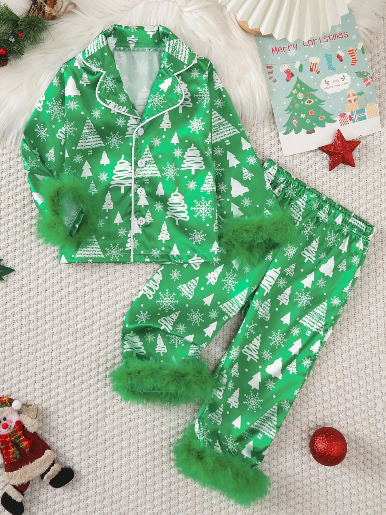 Children's Christmas Tree Print Fluffy Cuff Pajama Set Green