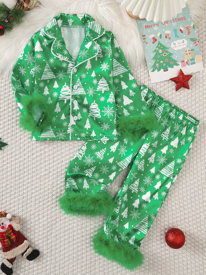Children's Christmas Tree Print Fluffy Cuff Pajama Set Green