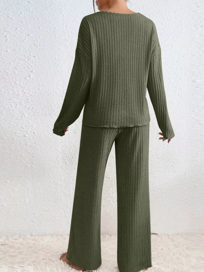 Ribbed V-Neck Top and Pants Set