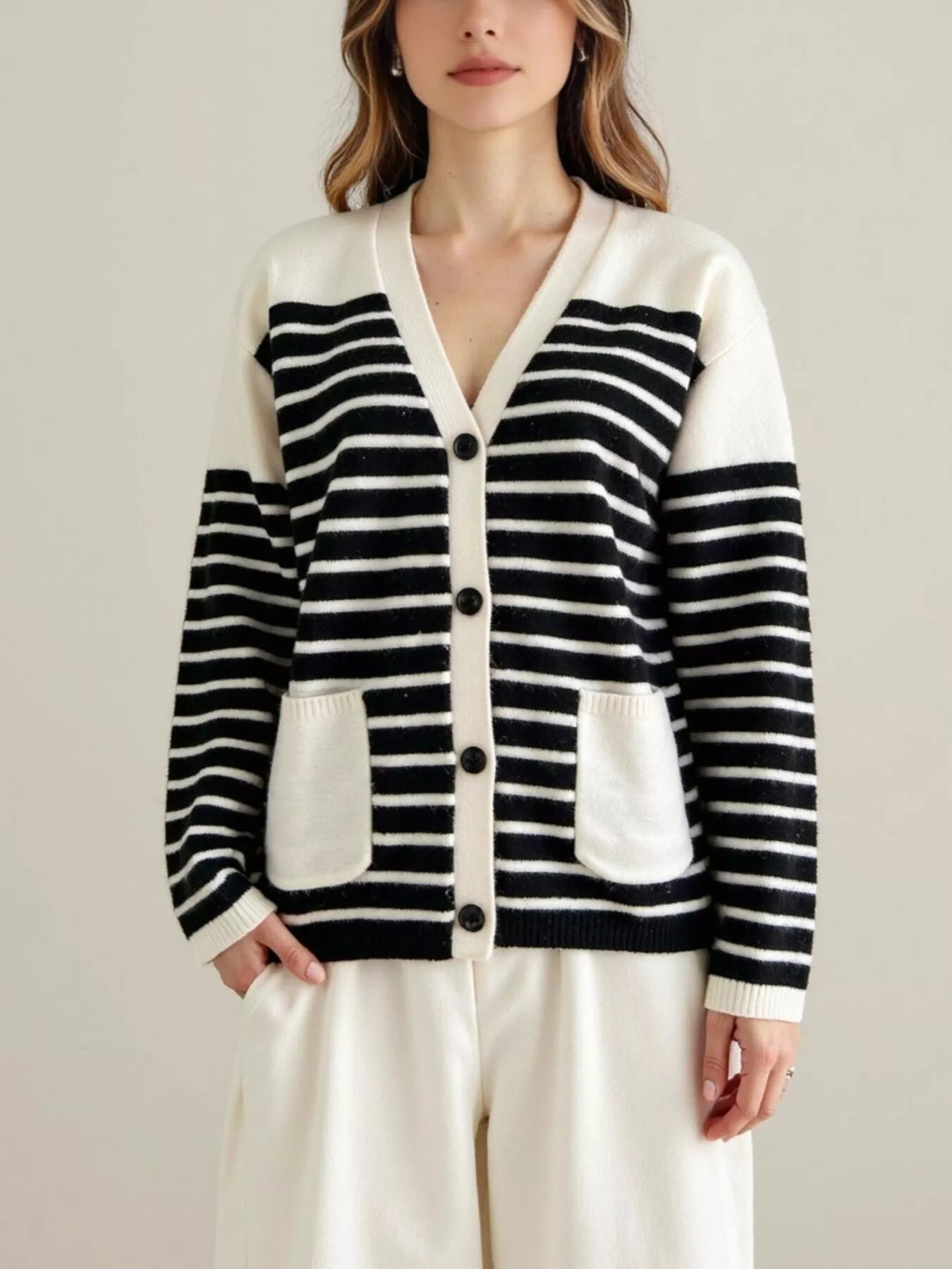 Striped Button-Down Knit Cardigan