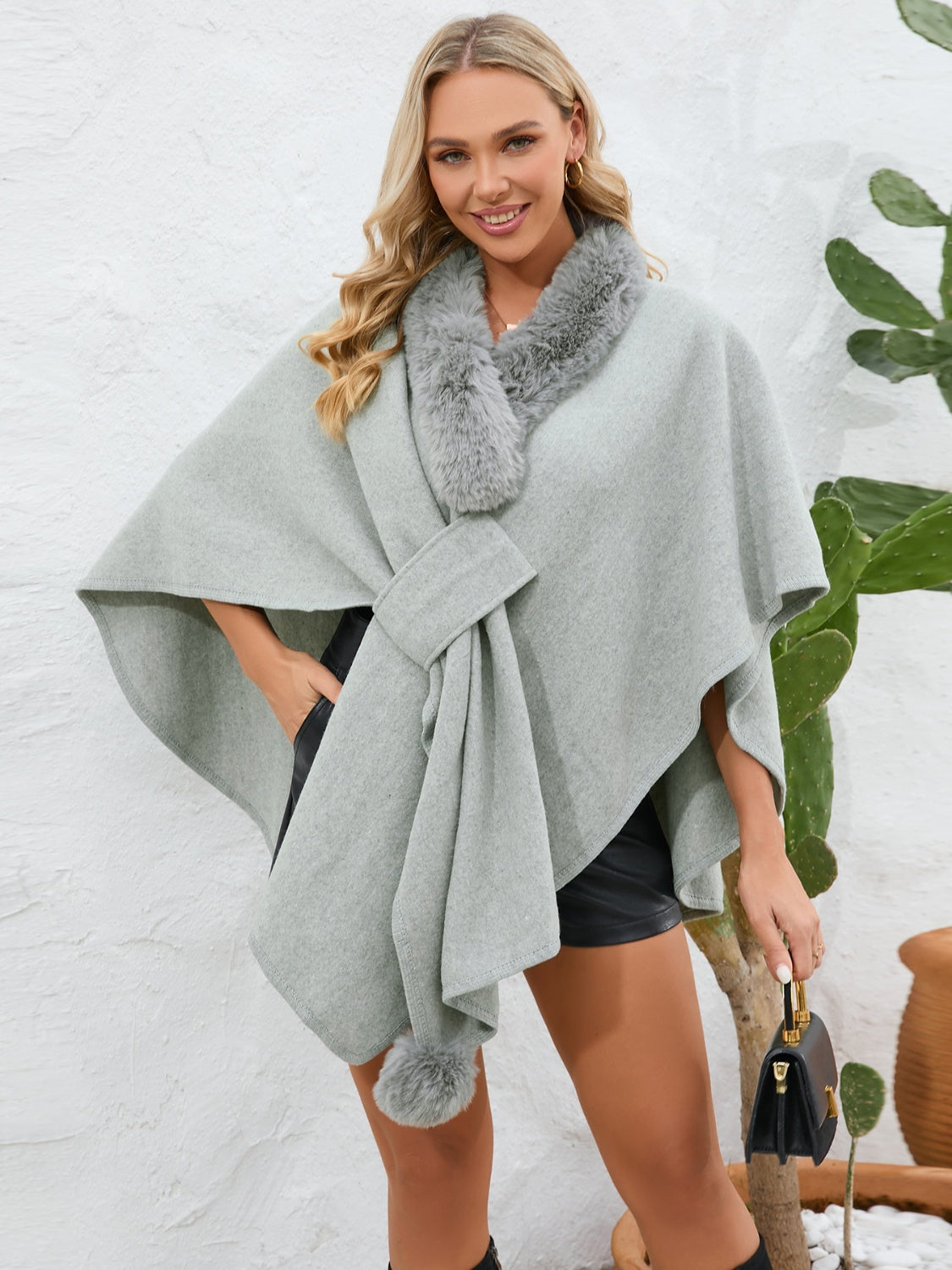 Fuzzy Trim Open Front Poncho Gray One Size