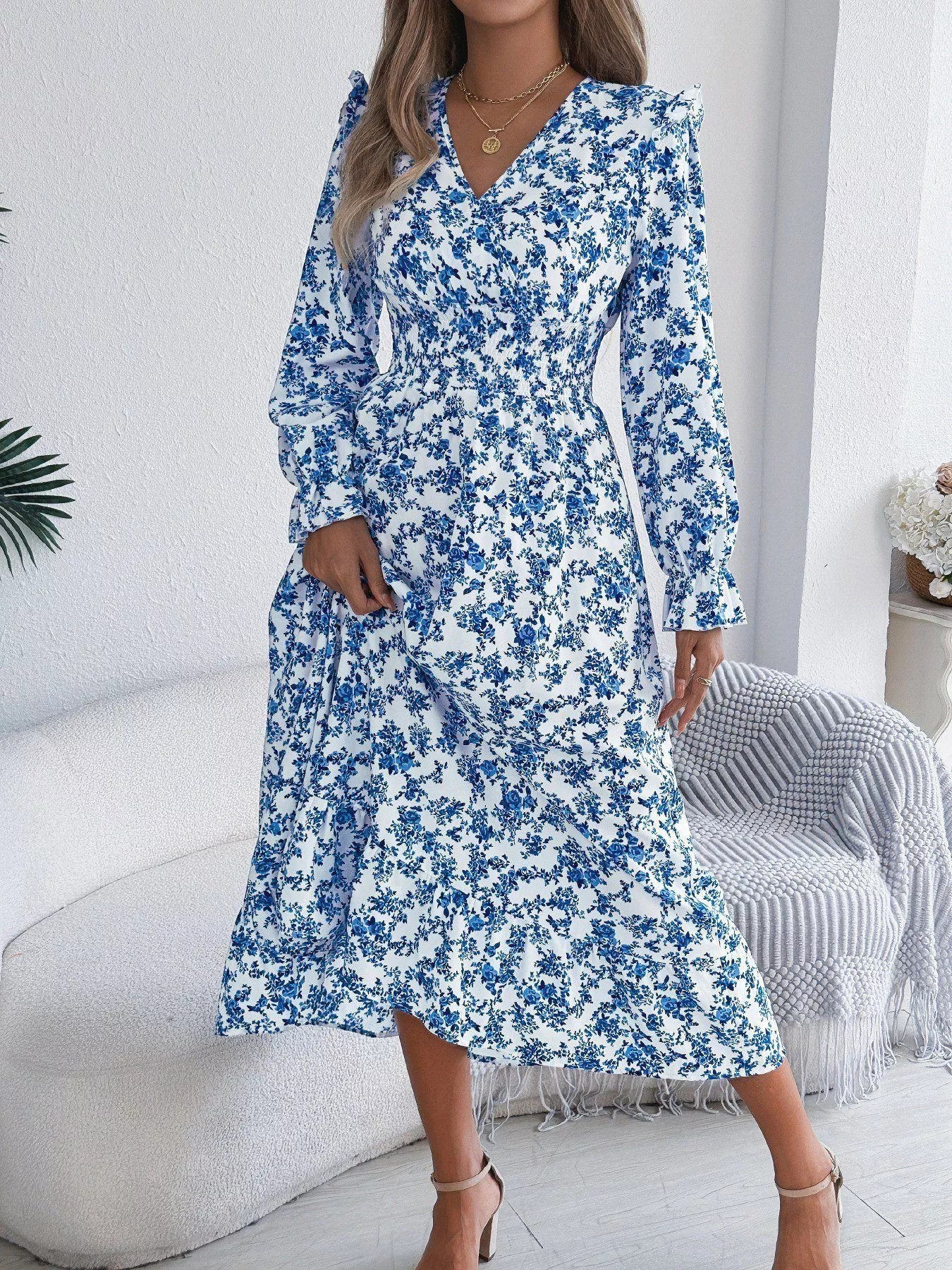 Ruffled Floral V-Neck Flounce Sleeve Dress