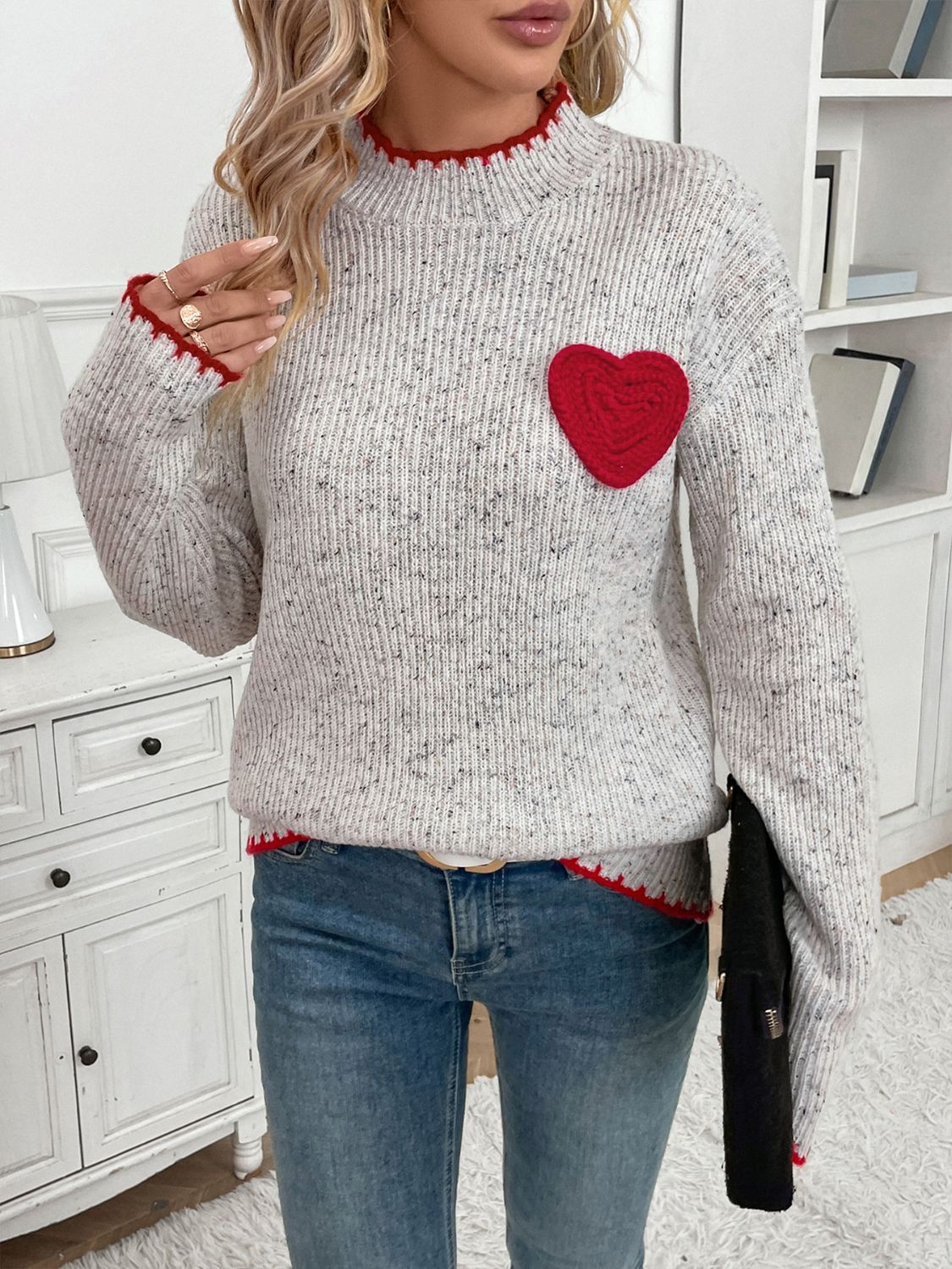 Perfee Contrast Heart Round Neck Long Sleeve Sweater Light Gray