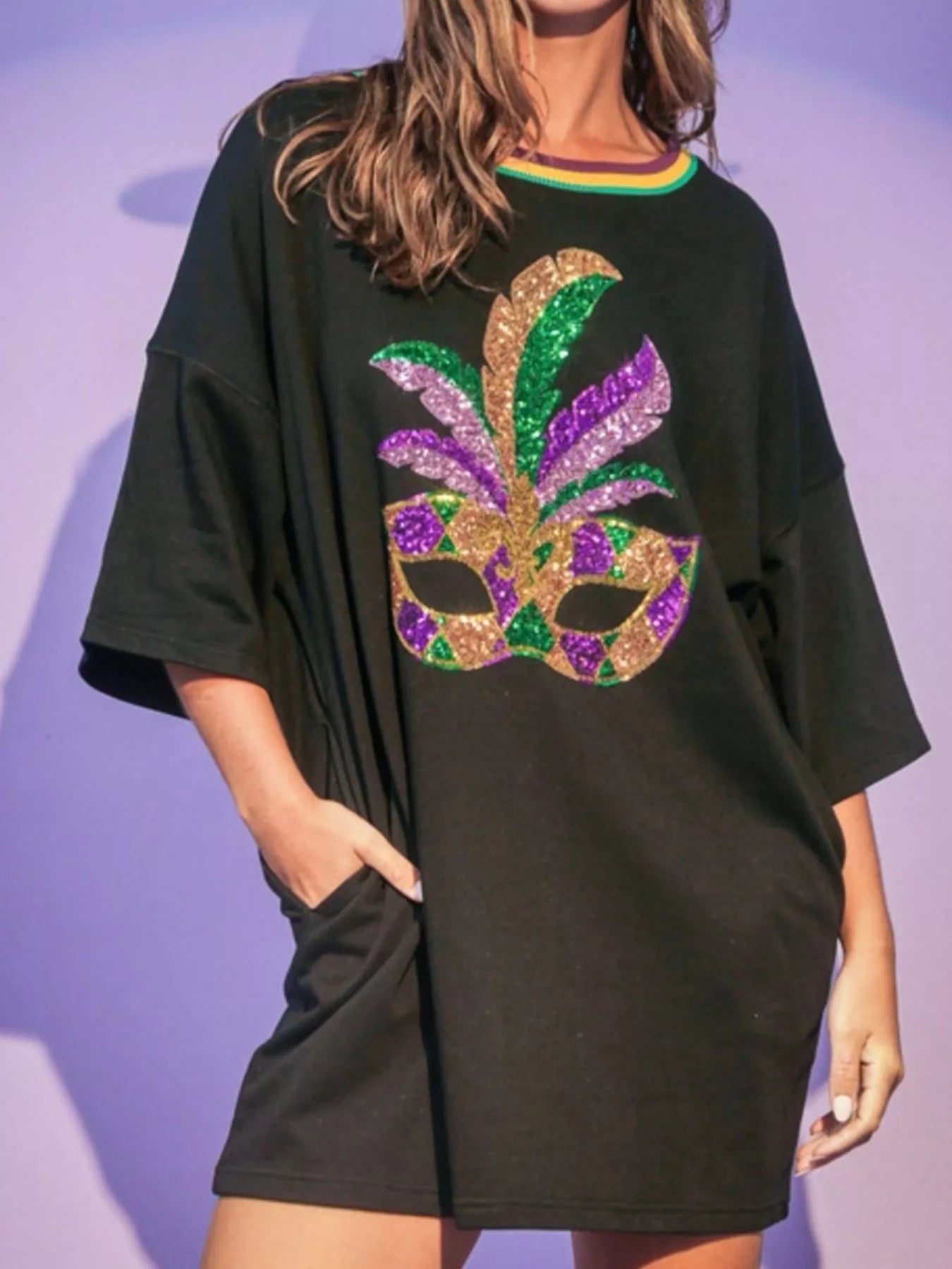 Sequin Round Neck 3/4 Sleeve Dress Black