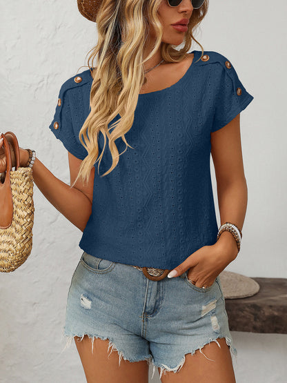 Mandy Eyelet Round Neck Short Sleeve Top French Blue