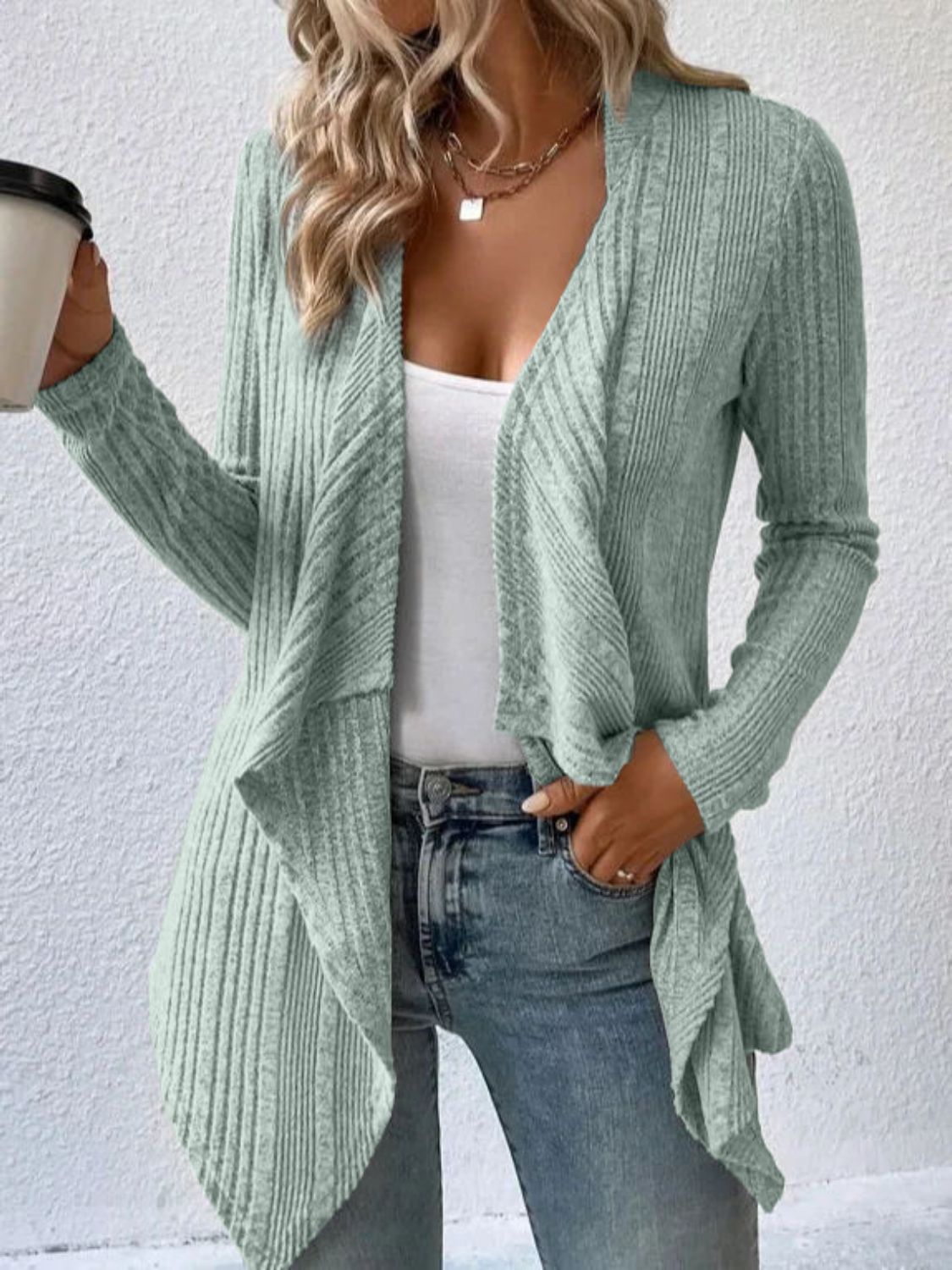 Open Front Long Sleeve Cardigan Sage