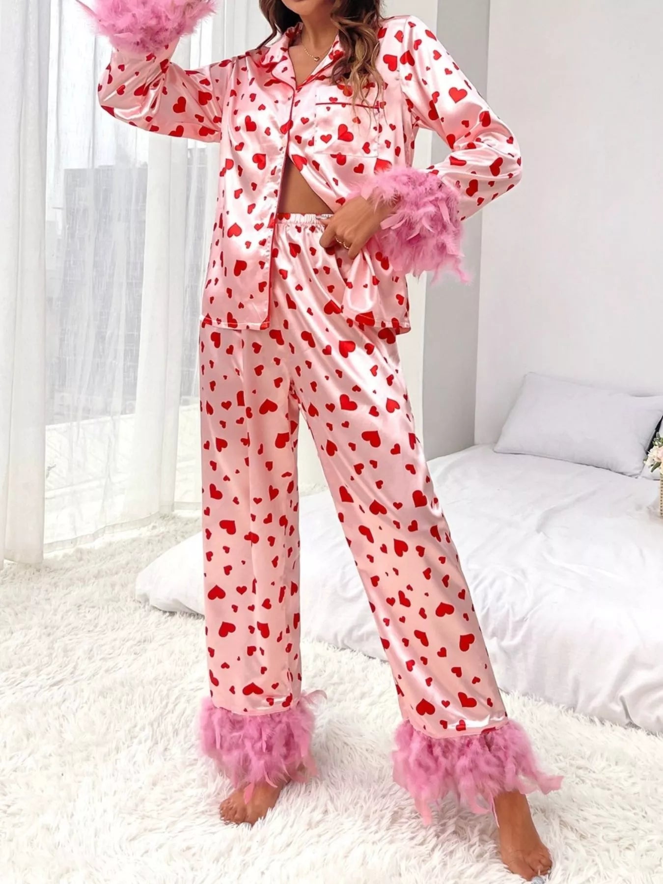 Heart Print Button Up Top and Pants Lounge Set