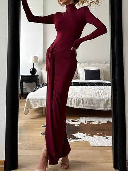 Turtleneck Long Sleeve Slit Maxi Dress