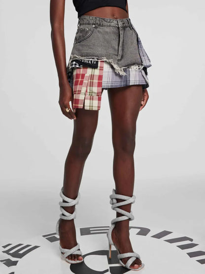 Raw Hem Denim Mini Skirt with Plaid Patch Details