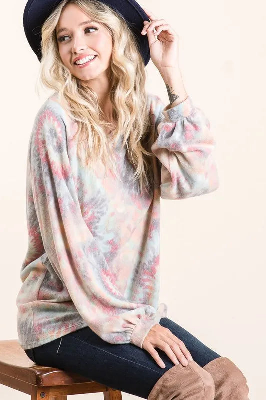 BiBi Brushed Tie Dye Print Top with Puff Sleeves