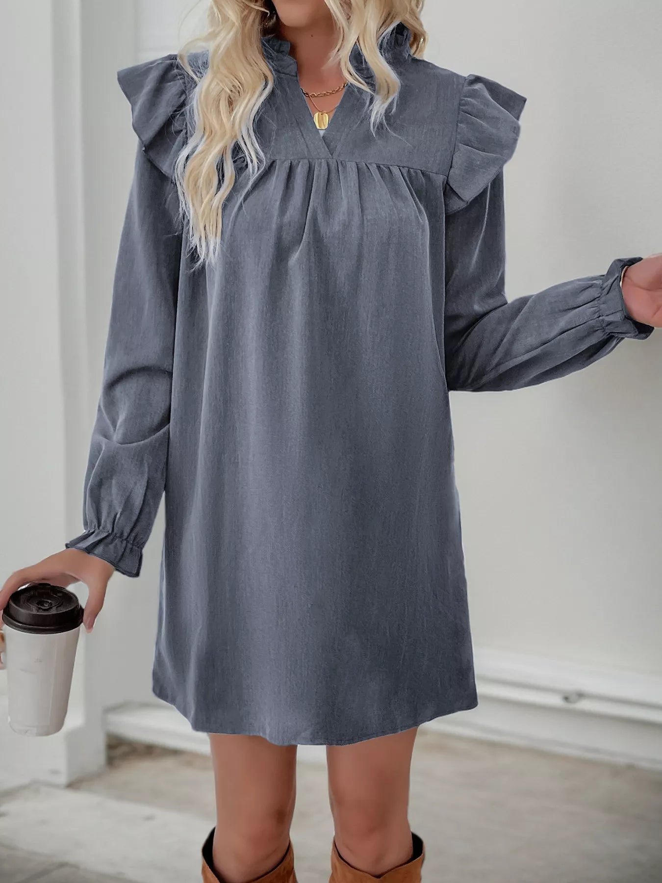 Ruffled Notched Flounce Sleeve Dress
