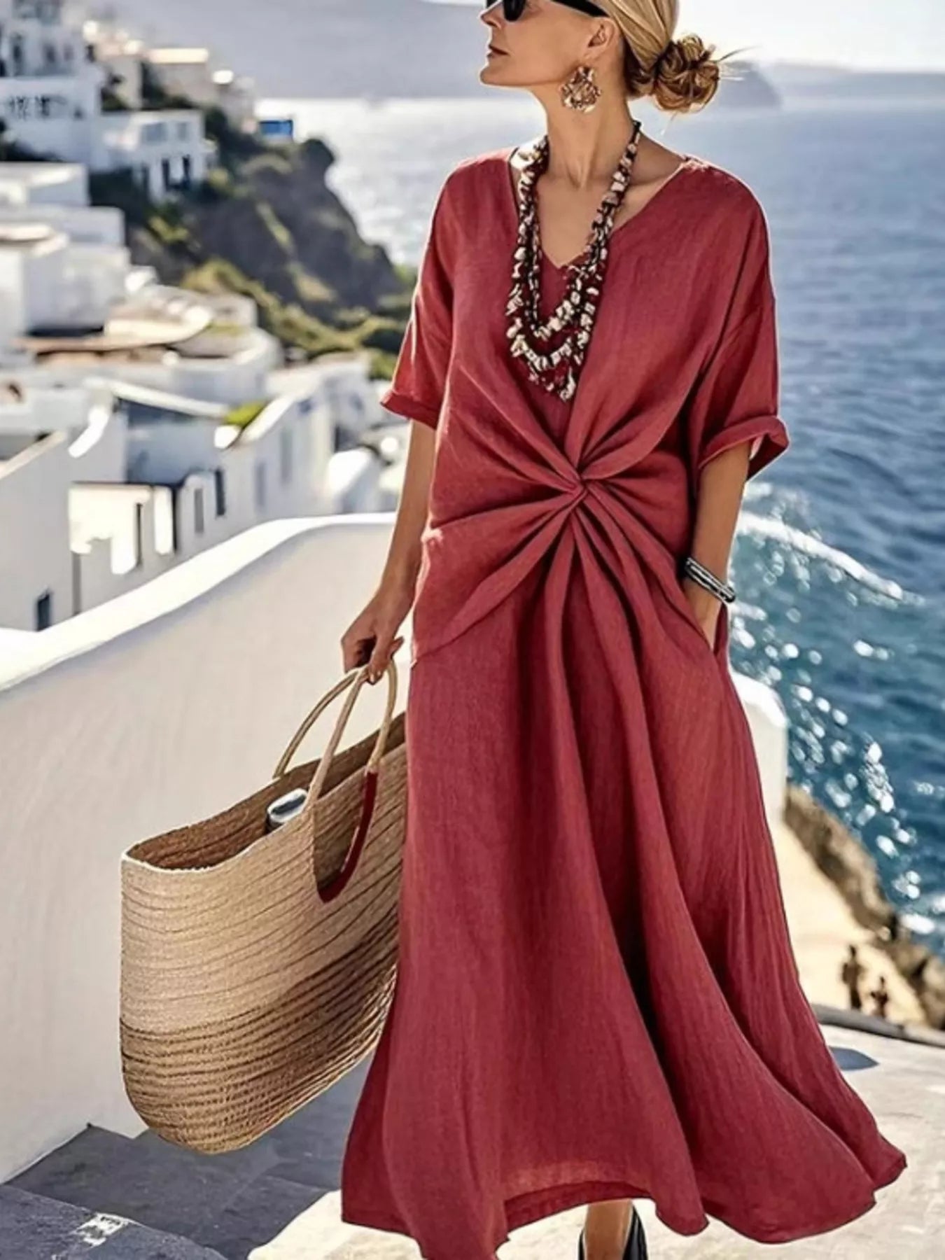 Twist Front V-Neck Half Sleeve Dress