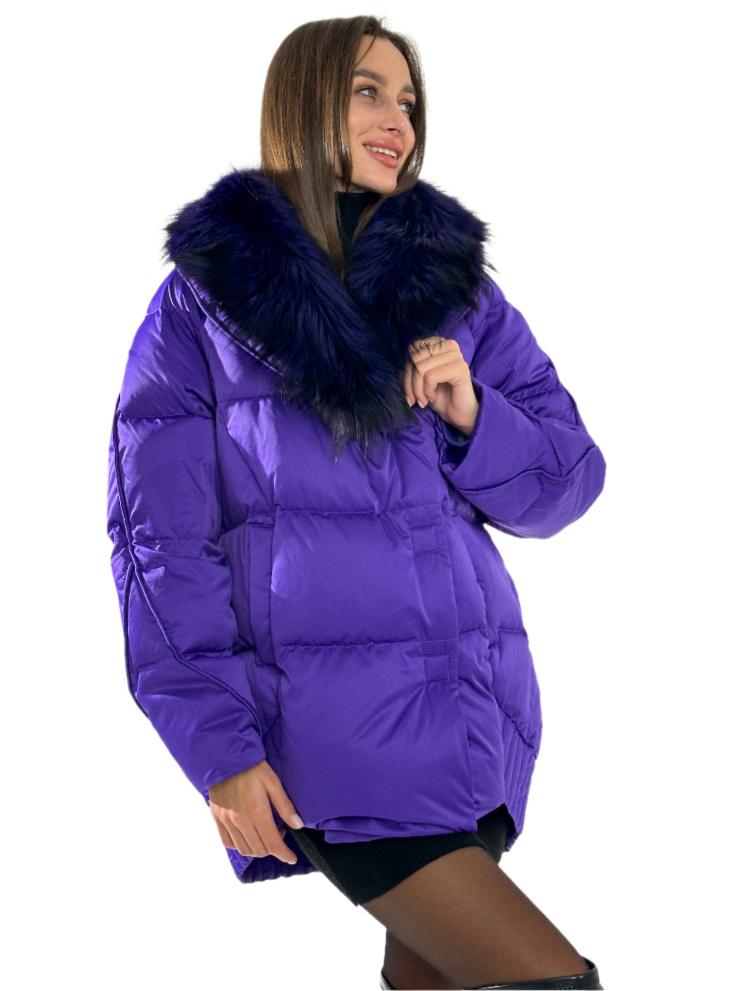Genuine Silver Fox Premium Down Fill Coat Violet